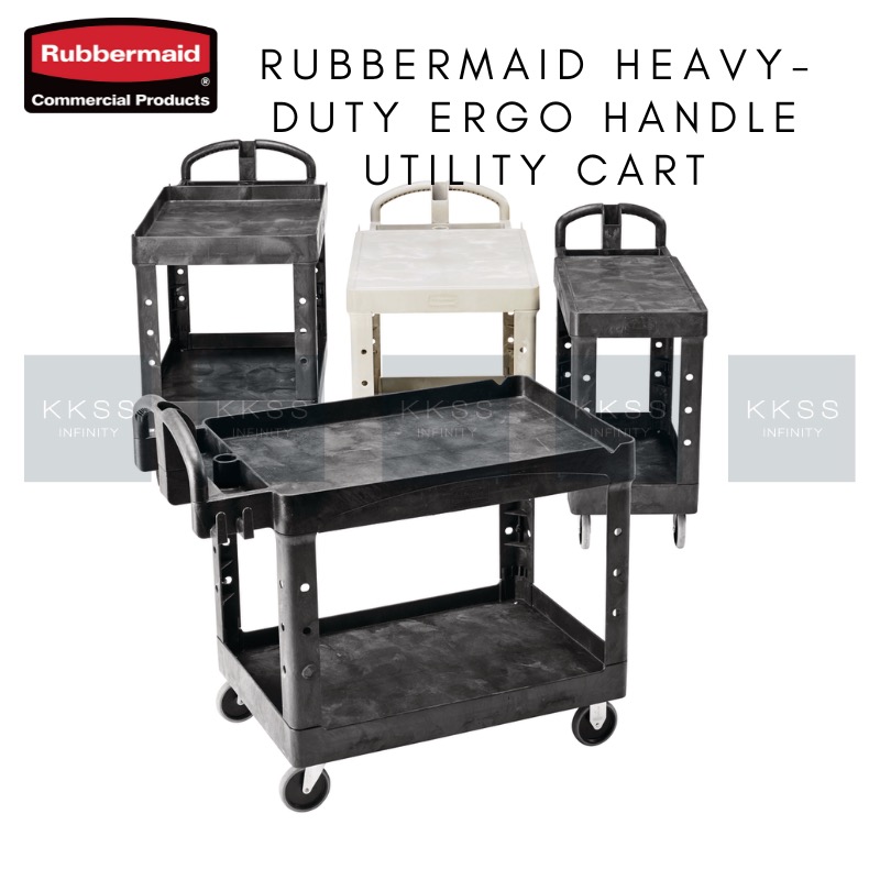 Rubbermaid FG452010BLA Black Medium Lipped Heavy Duty Two Shelf Utility  Cart with Ergonomic Handle and 8 Pneumatic Casters